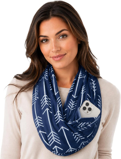 Infinity Scarf for Women - Lightweight Travel Scarf with Hidden Zipper Pocket - Arrow Pattern