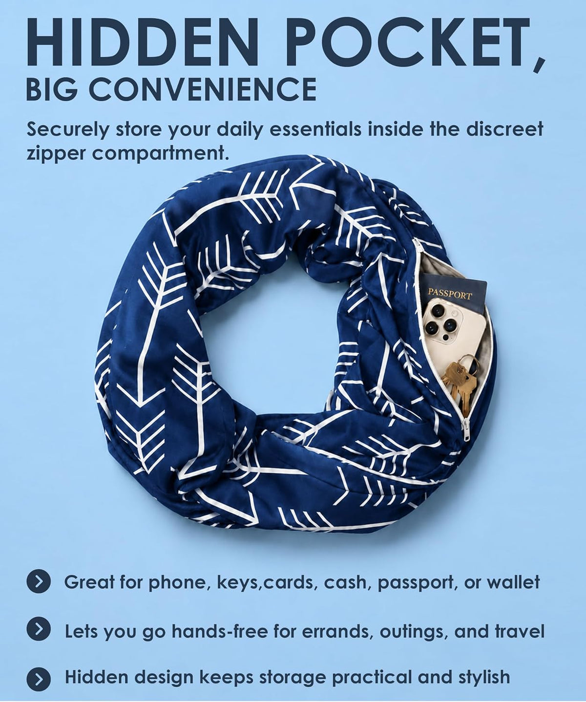 Infinity Scarf for Women - Lightweight Travel Scarf with Hidden Zipper Pocket - Arrow Pattern