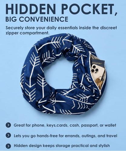 Infinity Scarf for Women - Lightweight Travel Scarf with Hidden Zipper Pocket - Arrow Pattern