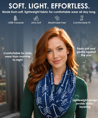 Infinity Scarf for Women - Lightweight Travel Scarf with Hidden Zipper Pocket - Arrow Pattern