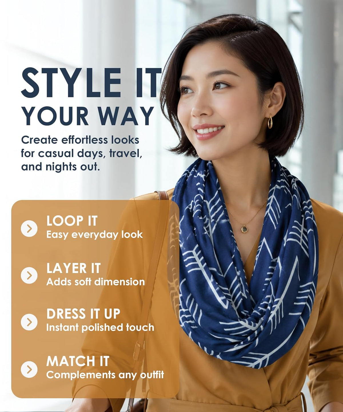 Infinity Scarf for Women - Lightweight Travel Scarf with Hidden Zipper Pocket - Arrow Pattern