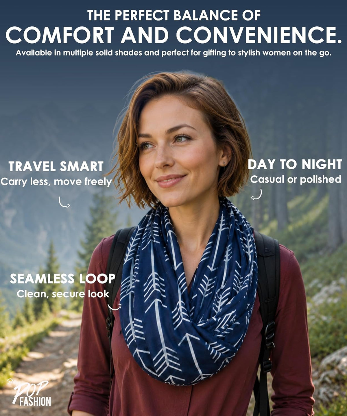 Infinity Scarf for Women - Lightweight Travel Scarf with Hidden Zipper Pocket - Arrow Pattern