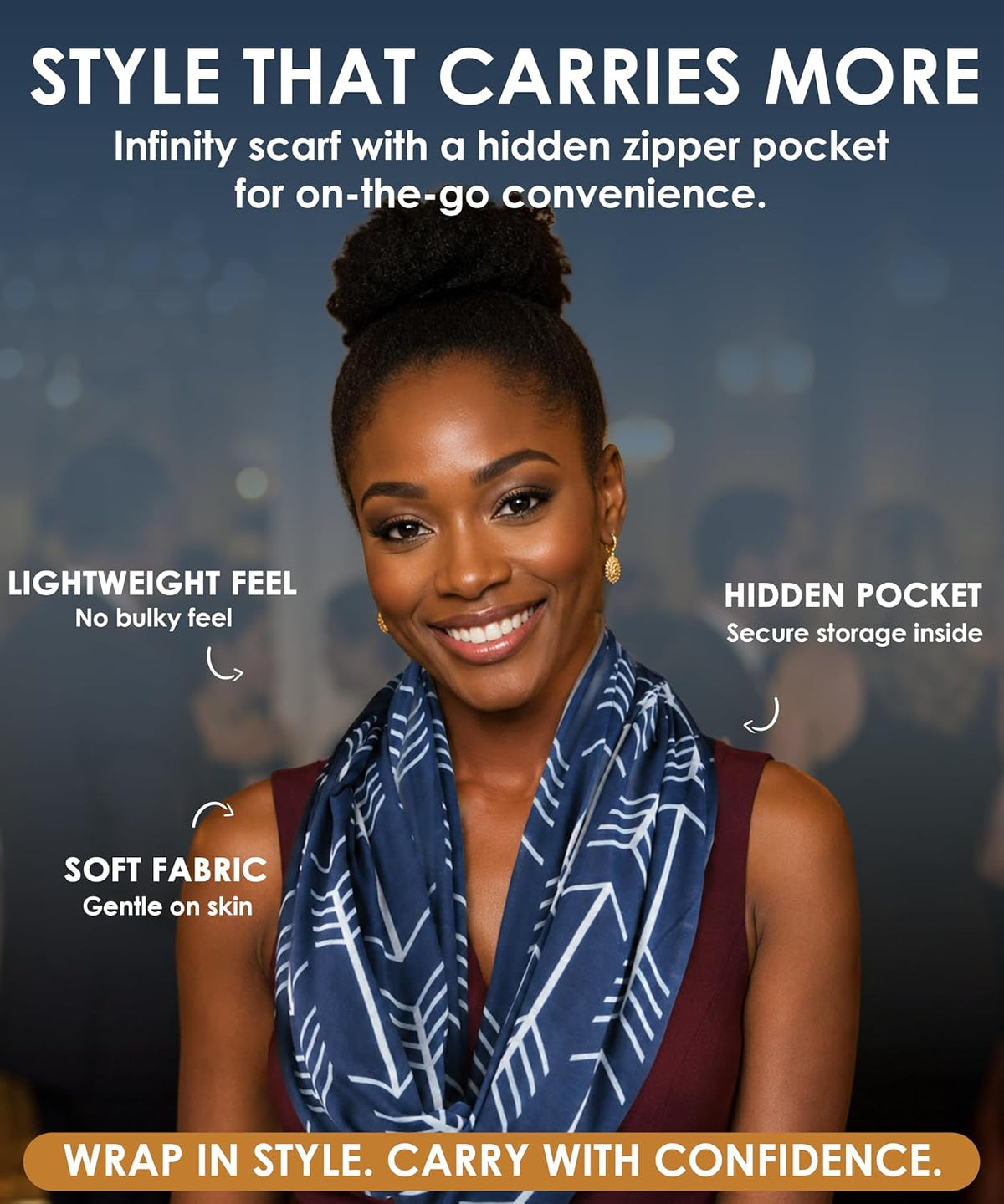 Infinity Scarf for Women - Lightweight Travel Scarf with Hidden Zipper Pocket - Arrow Pattern
