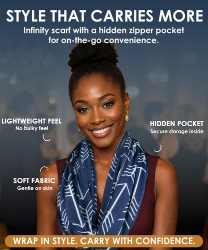 Infinity Scarf for Women - Lightweight Travel Scarf with Hidden Zipper Pocket - Arrow Pattern
