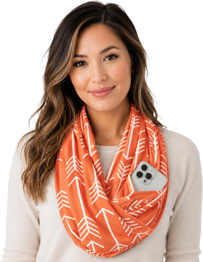 Infinity Scarf for Women - Lightweight Travel Scarf with Hidden Zipper Pocket - Arrow Pattern