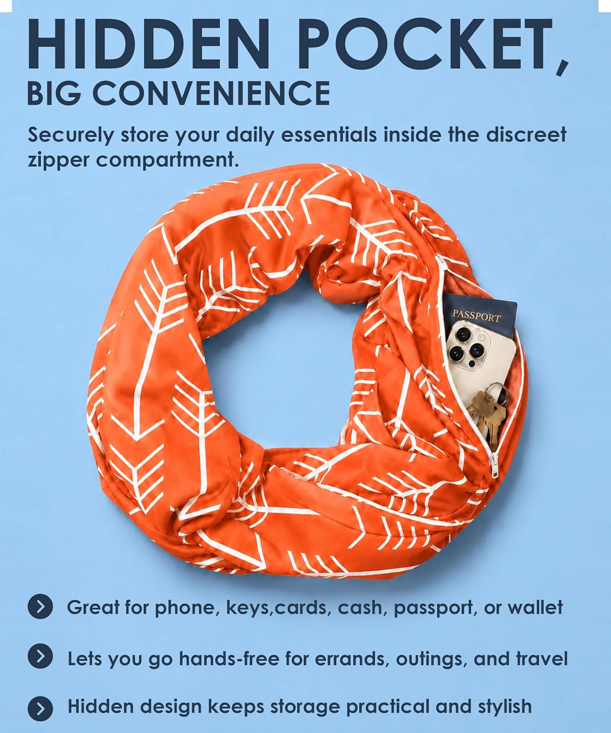 Infinity Scarf for Women - Lightweight Travel Scarf with Hidden Zipper Pocket - Arrow Pattern