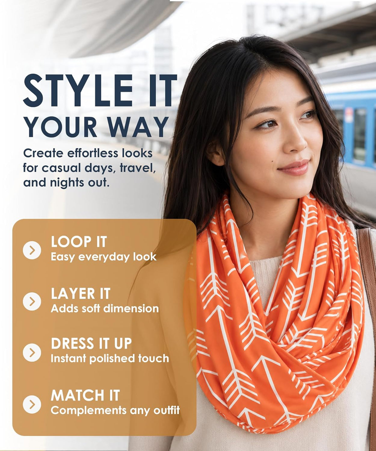 Infinity Scarf for Women - Lightweight Travel Scarf with Hidden Zipper Pocket - Arrow Pattern