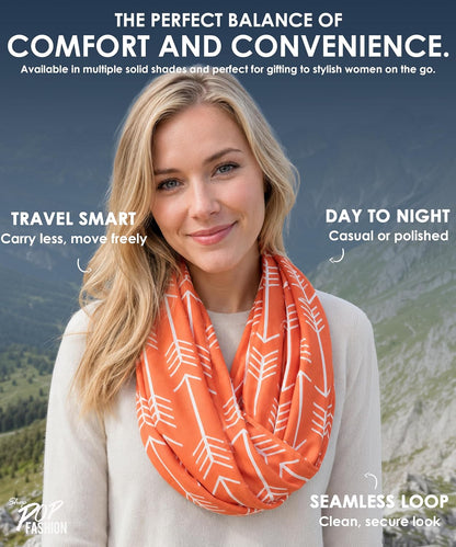 Infinity Scarf for Women - Lightweight Travel Scarf with Hidden Zipper Pocket - Arrow Pattern