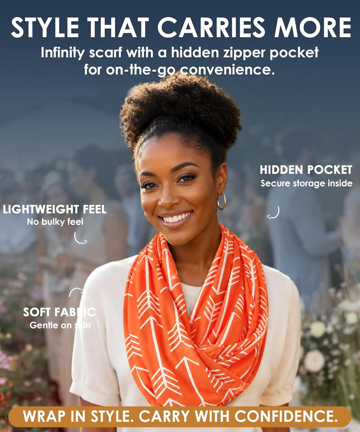 Infinity Scarf for Women - Lightweight Travel Scarf with Hidden Zipper Pocket - Arrow Pattern
