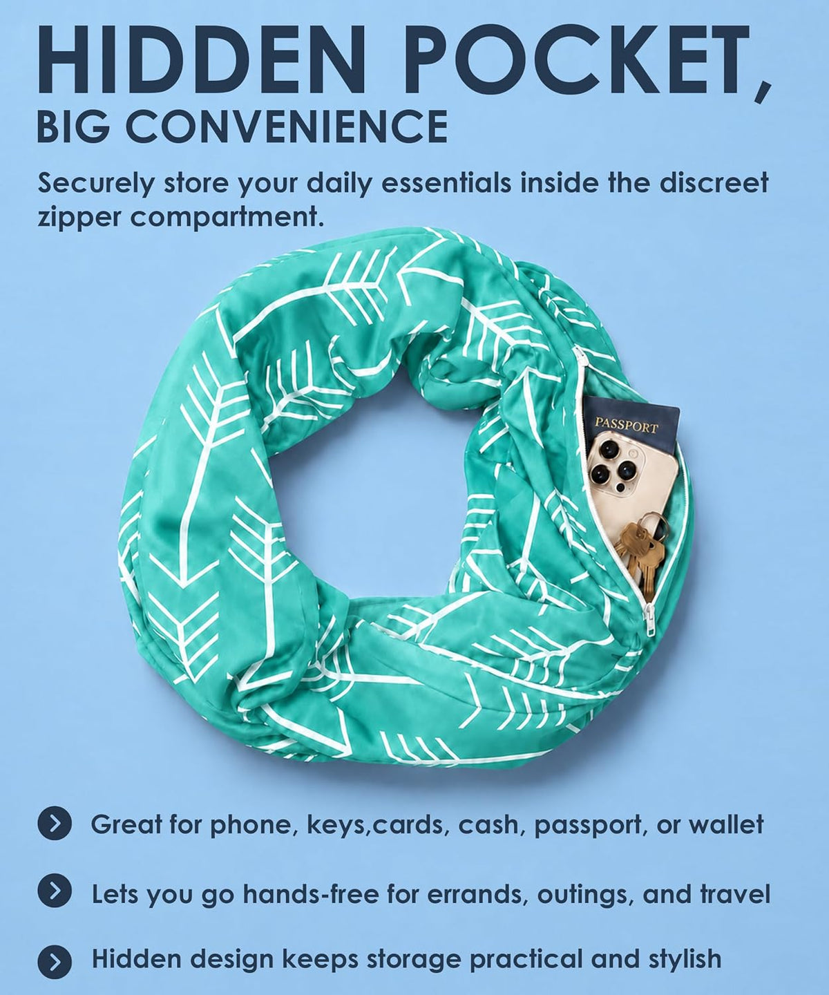 Infinity Scarf for Women - Lightweight Travel Scarf with Hidden Zipper Pocket - Arrow Pattern