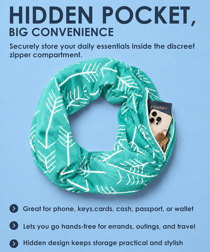 Infinity Scarf for Women - Lightweight Travel Scarf with Hidden Zipper Pocket - Arrow Pattern