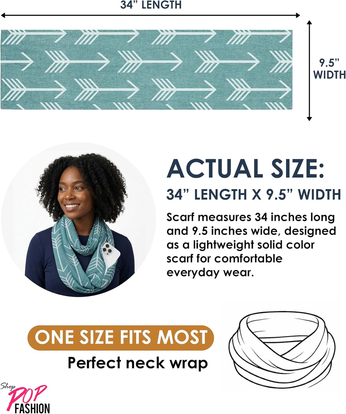 Infinity Scarf for Women - Lightweight Travel Scarf with Hidden Zipper Pocket - Arrow Pattern