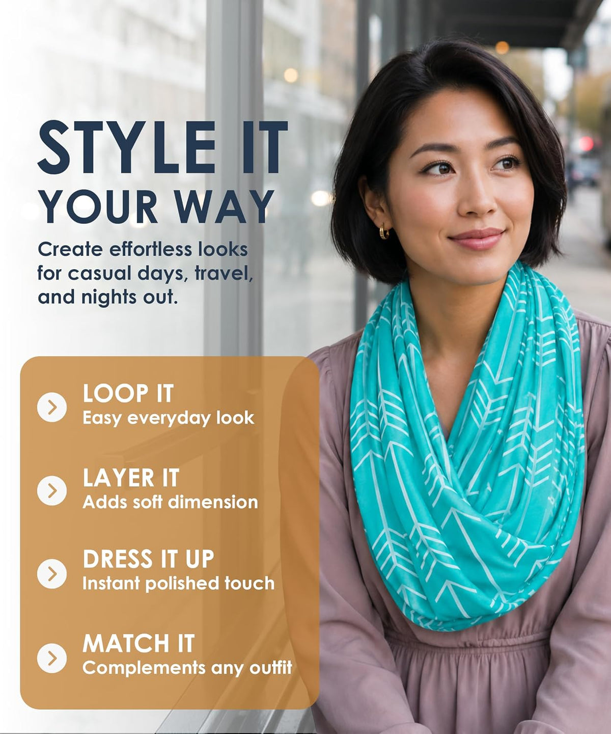 Infinity Scarf for Women - Lightweight Travel Scarf with Hidden Zipper Pocket - Arrow Pattern