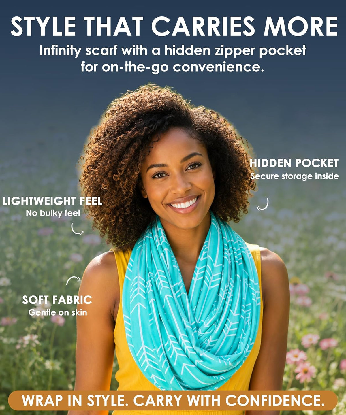Infinity Scarf for Women - Lightweight Travel Scarf with Hidden Zipper Pocket - Arrow Pattern