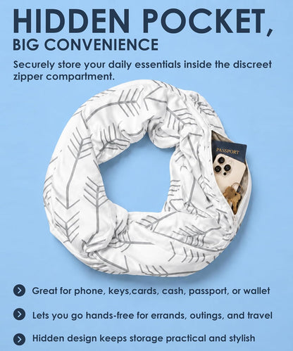 Infinity Scarf for Women - Lightweight Travel Scarf with Hidden Zipper Pocket - Arrow Pattern