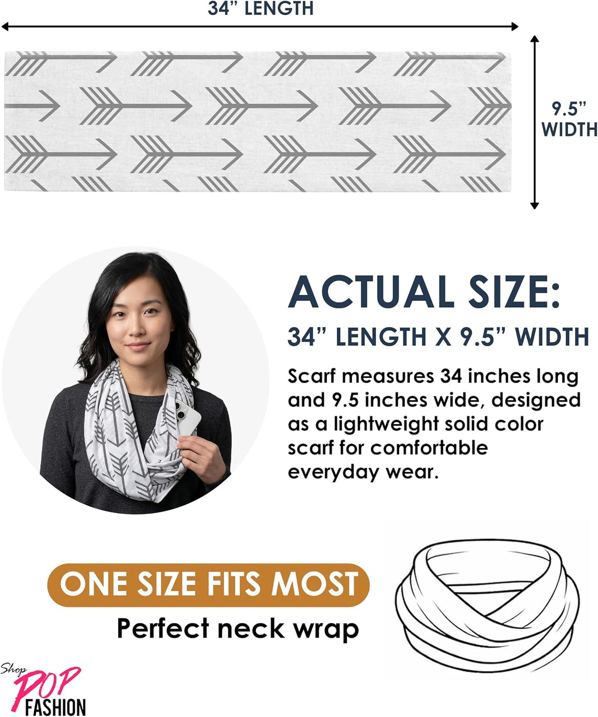 Infinity Scarf for Women - Lightweight Travel Scarf with Hidden Zipper Pocket - Arrow Pattern