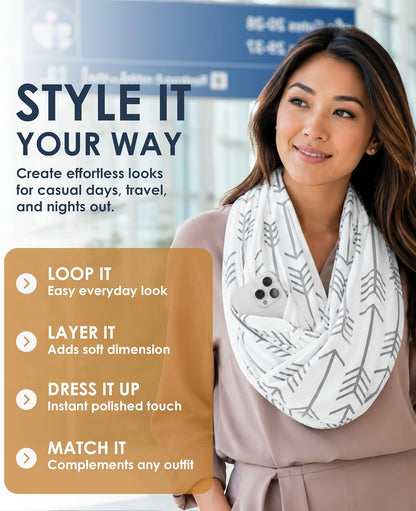 Infinity Scarf for Women - Lightweight Travel Scarf with Hidden Zipper Pocket - Arrow Pattern
