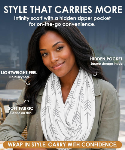Infinity Scarf for Women - Lightweight Travel Scarf with Hidden Zipper Pocket - Arrow Pattern