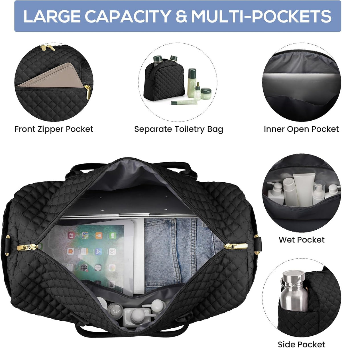 Travel Bag Weekender Bags for Women - Carry on Overnight Bag with Shoe Compartment Duffle Bag with Laptop Pocket Hospital Bag for Labor Delivery Gym Tote Bag with Toiletry Bag Black Brown