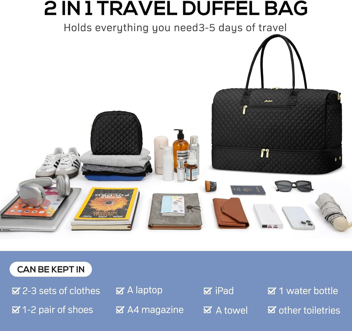 Travel Bag Weekender Bags for Women - Carry on Overnight Bag with Shoe Compartment Duffle Bag with Laptop Pocket Hospital Bag for Labor Delivery Gym Tote Bag with Toiletry Bag Black Brown