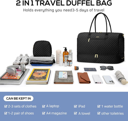 Travel Bag Weekender Bags for Women - Carry on Overnight Bag with Shoe Compartment Duffle Bag with Laptop Pocket Hospital Bag for Labor Delivery Gym Tote Bag with Toiletry Bag Black Brown