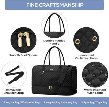 Travel Bag Weekender Bags for Women - Carry on Overnight Bag with Shoe Compartment Duffle Bag with Laptop Pocket Hospital Bag for Labor Delivery Gym Tote Bag with Toiletry Bag Black Brown