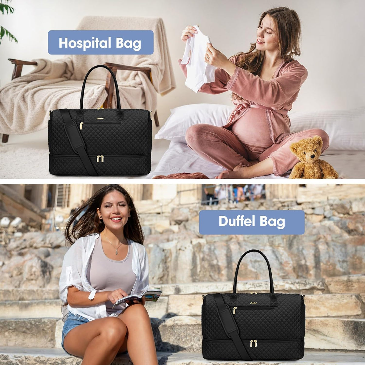 Travel Bag Weekender Bags for Women - Carry on Overnight Bag with Shoe Compartment Duffle Bag with Laptop Pocket Hospital Bag for Labor Delivery Gym Tote Bag with Toiletry Bag Black Brown