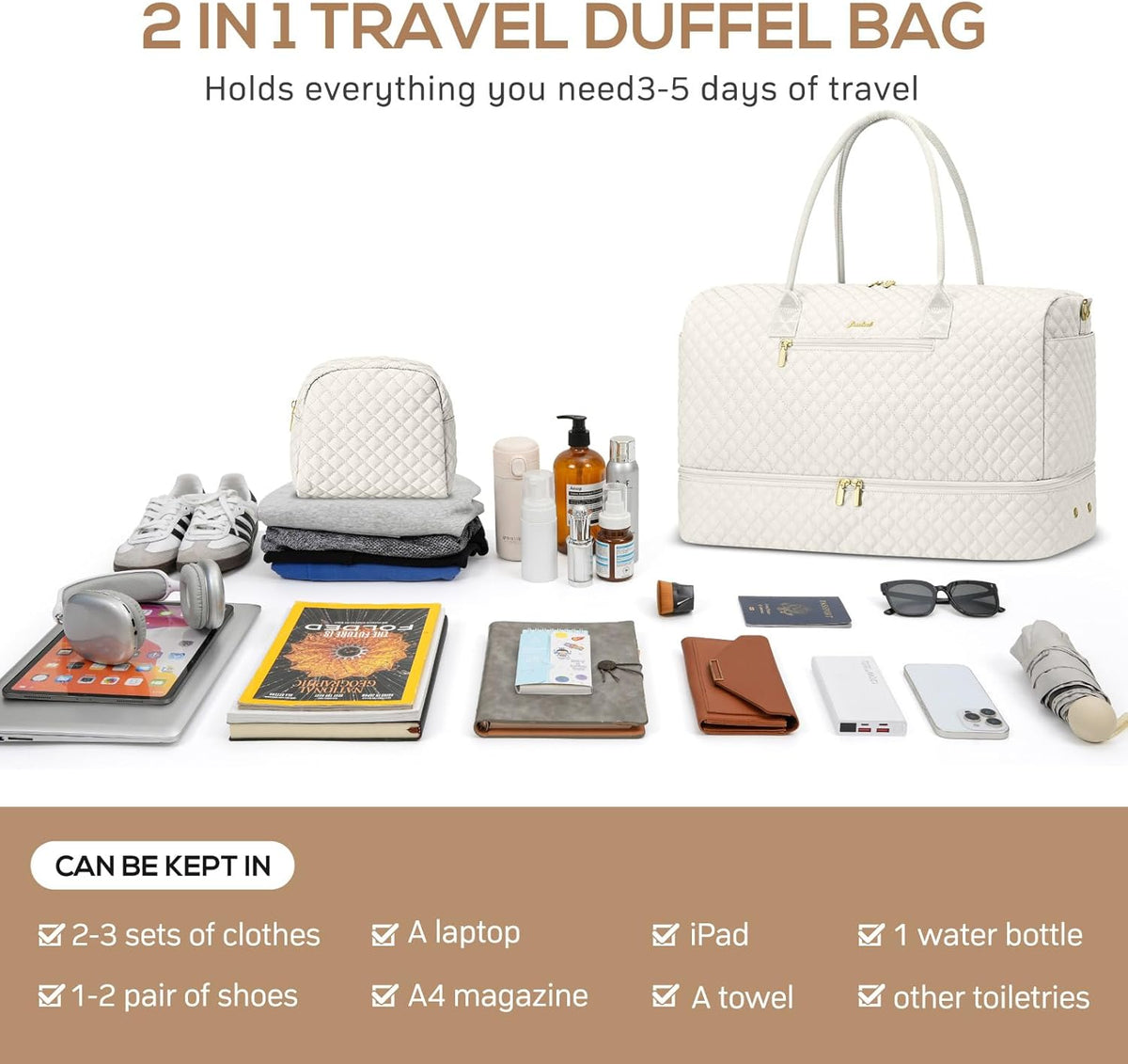 Travel Bag Weekender Bags for Women - Carry on Overnight Bag with Shoe Compartment Duffle Bag with Laptop Pocket Hospital Bag for Labor Delivery Gym Tote Bag with Toiletry Bag Black Brown