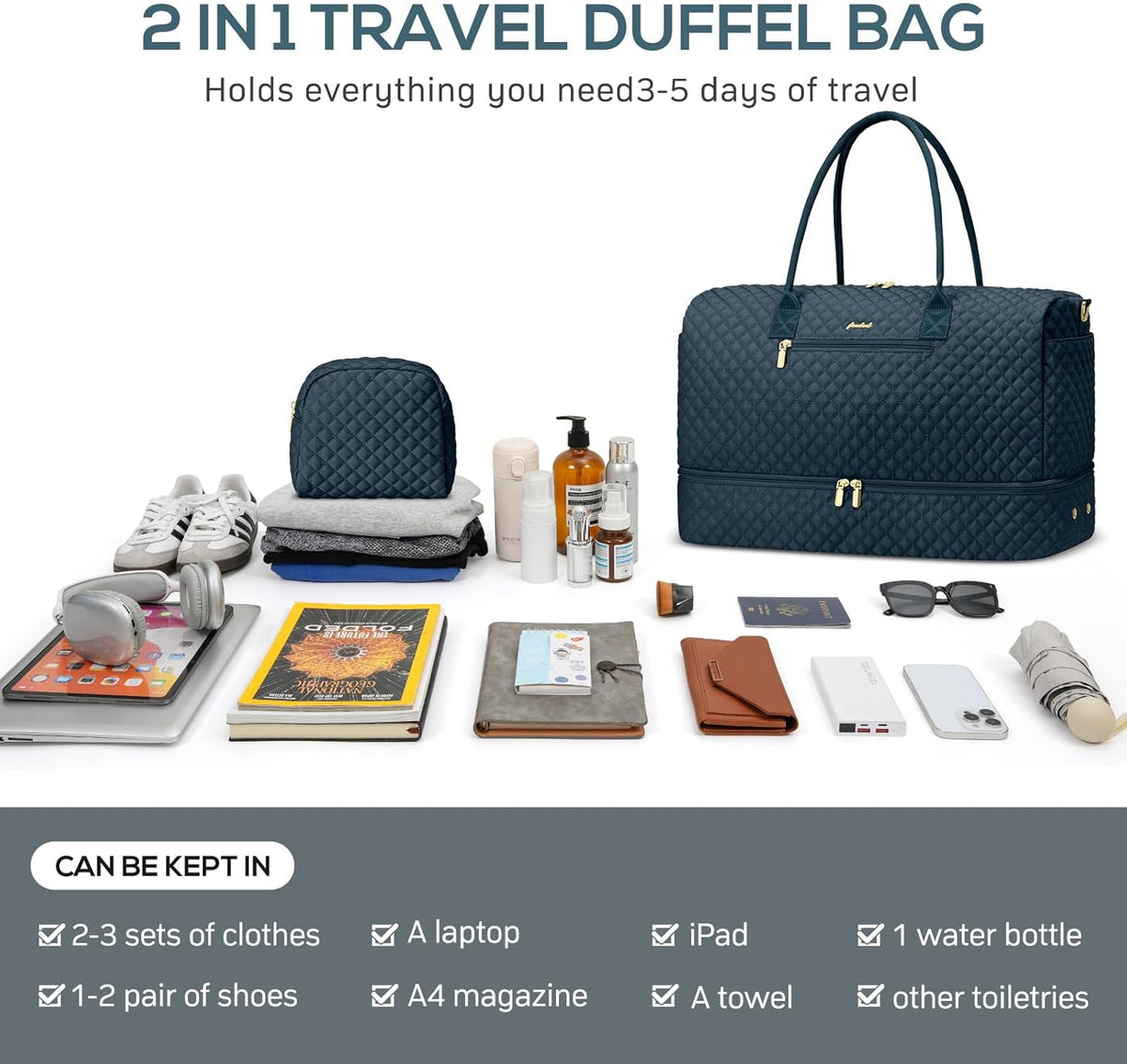 Travel Bag Weekender Bags for Women - Carry on Overnight Bag with Shoe Compartment Duffle Bag with Laptop Pocket Hospital Bag for Labor Delivery Gym Tote Bag with Toiletry Bag Black Brown