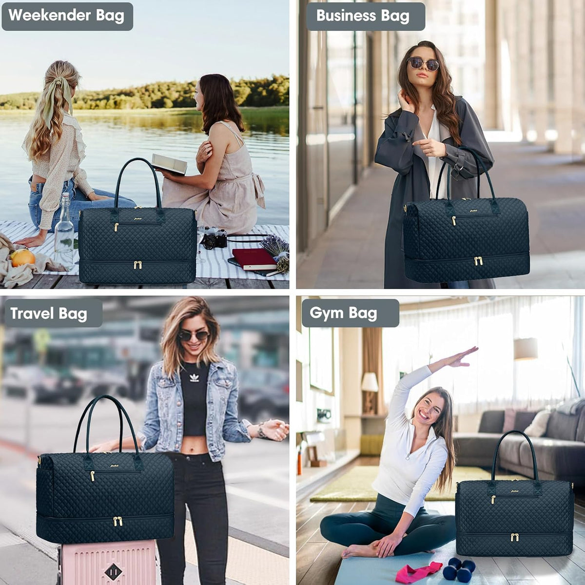 Travel Bag Weekender Bags for Women - Carry on Overnight Bag with Shoe Compartment Duffle Bag with Laptop Pocket Hospital Bag for Labor Delivery Gym Tote Bag with Toiletry Bag Black Brown