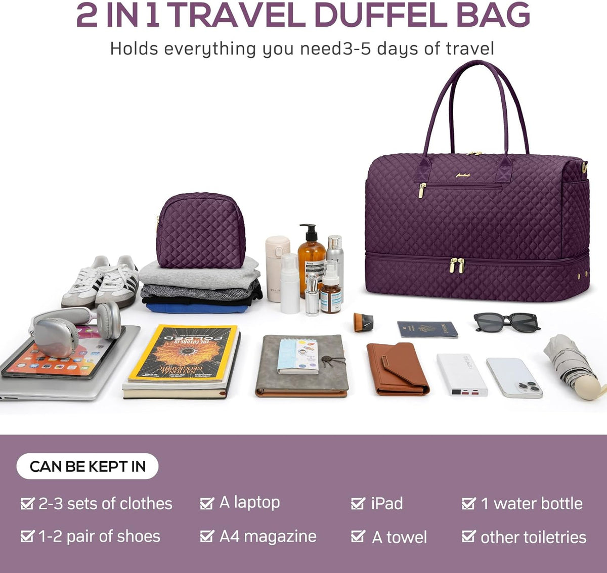 Travel Bag Weekender Bags for Women - Carry on Overnight Bag with Shoe Compartment Duffle Bag with Laptop Pocket Hospital Bag for Labor Delivery Gym Tote Bag with Toiletry Bag Black Brown