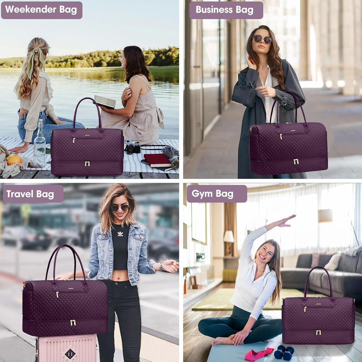 Travel Bag Weekender Bags for Women - Carry on Overnight Bag with Shoe Compartment Duffle Bag with Laptop Pocket Hospital Bag for Labor Delivery Gym Tote Bag with Toiletry Bag Black Brown