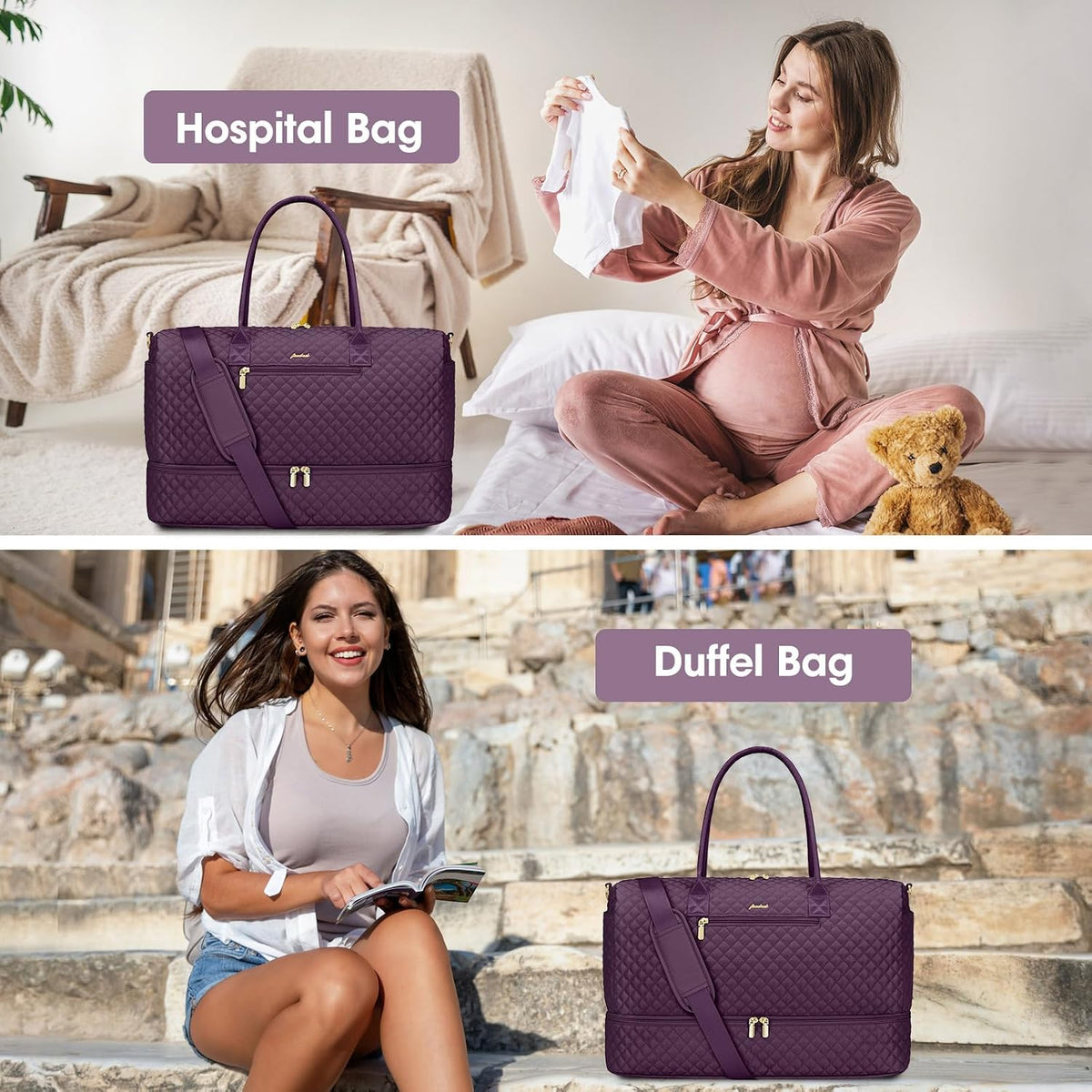 Travel Bag Weekender Bags for Women - Carry on Overnight Bag with Shoe Compartment Duffle Bag with Laptop Pocket Hospital Bag for Labor Delivery Gym Tote Bag with Toiletry Bag Black Brown