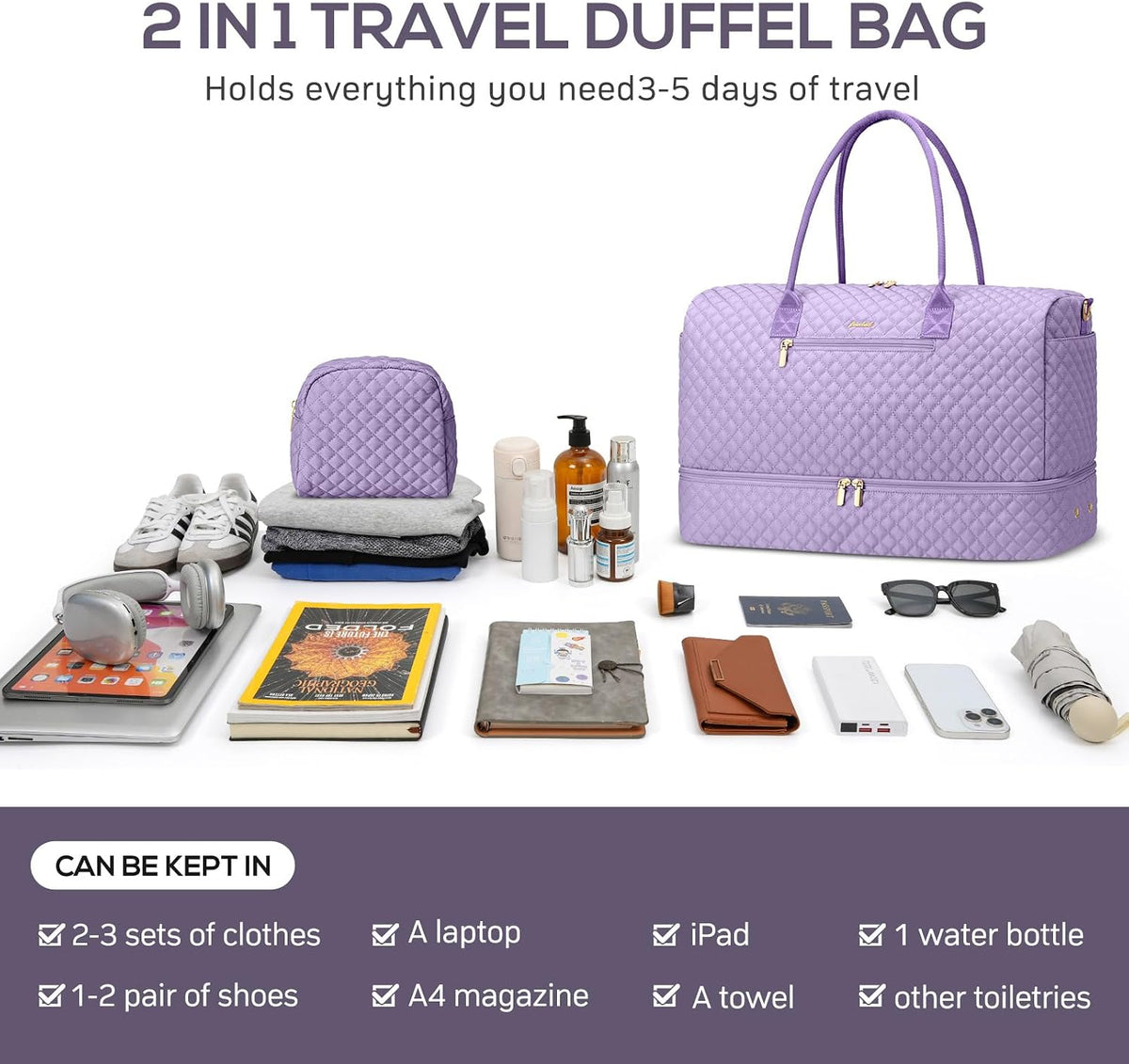 Travel Bag Weekender Bags for Women - Carry on Overnight Bag with Shoe Compartment Duffle Bag with Laptop Pocket Hospital Bag for Labor Delivery Gym Tote Bag with Toiletry Bag Black Brown