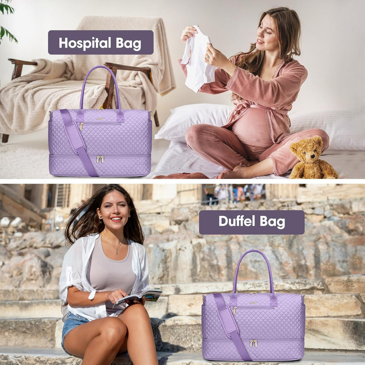 Travel Bag Weekender Bags for Women - Carry on Overnight Bag with Shoe Compartment Duffle Bag with Laptop Pocket Hospital Bag for Labor Delivery Gym Tote Bag with Toiletry Bag Black Brown
