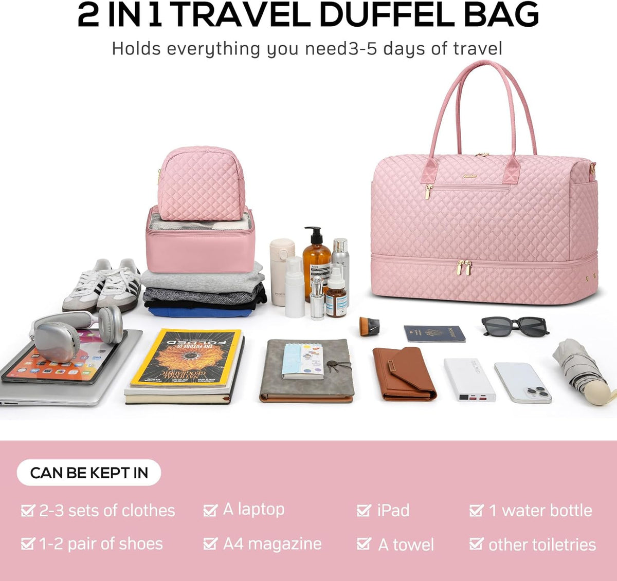 Travel Bag Weekender Bags for Women - Carry on Overnight Bag with Shoe Compartment Duffle Bag with Laptop Pocket Hospital Bag for Labor Delivery Gym Tote Bag with Toiletry Bag Black Brown