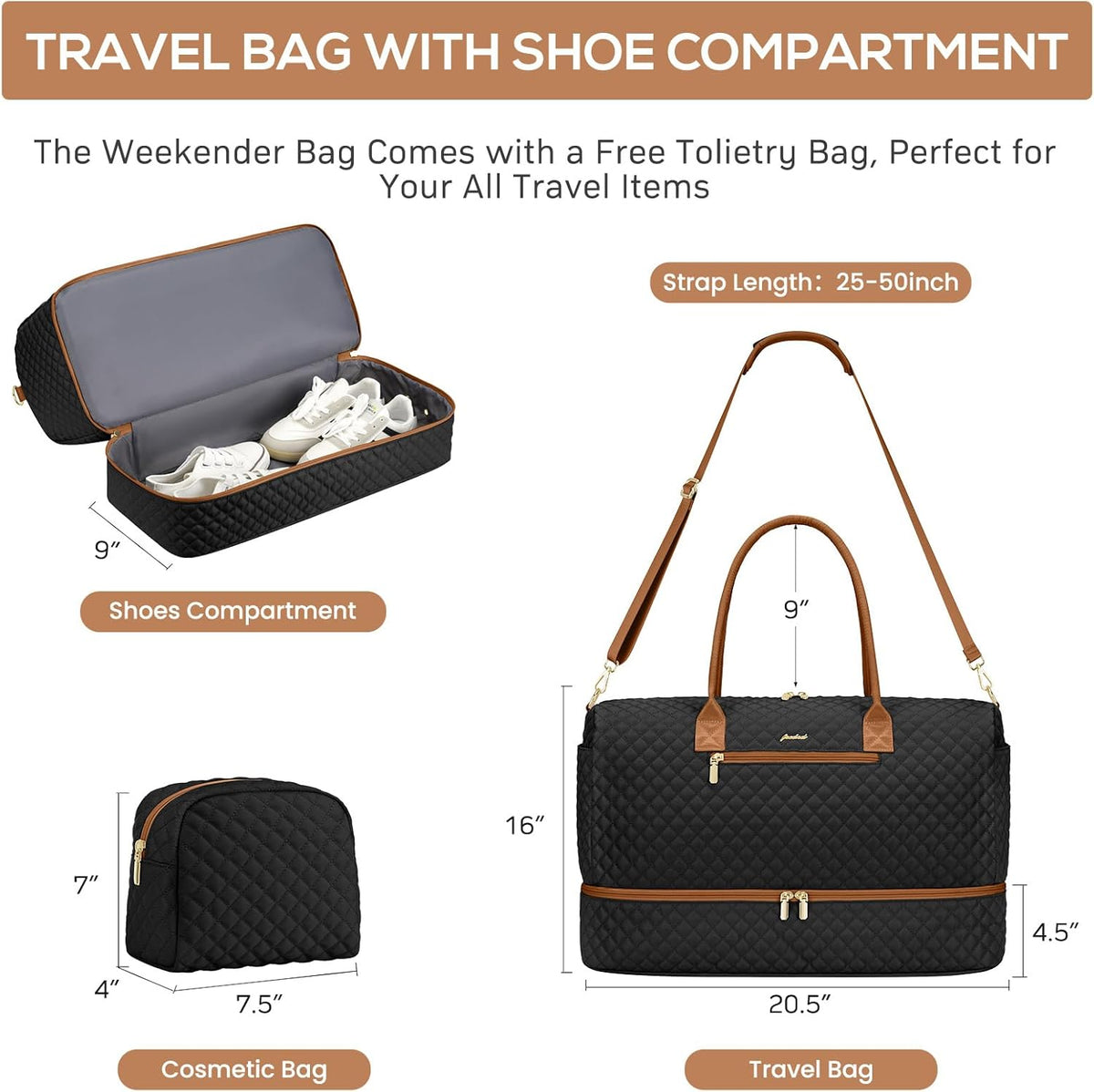 Travel Bag Weekender Bags for Women - Carry on Overnight Bag with Shoe Compartment Duffle Bag with Laptop Pocket Hospital Bag for Labor Delivery Gym Tote Bag with Toiletry Bag Black Brown