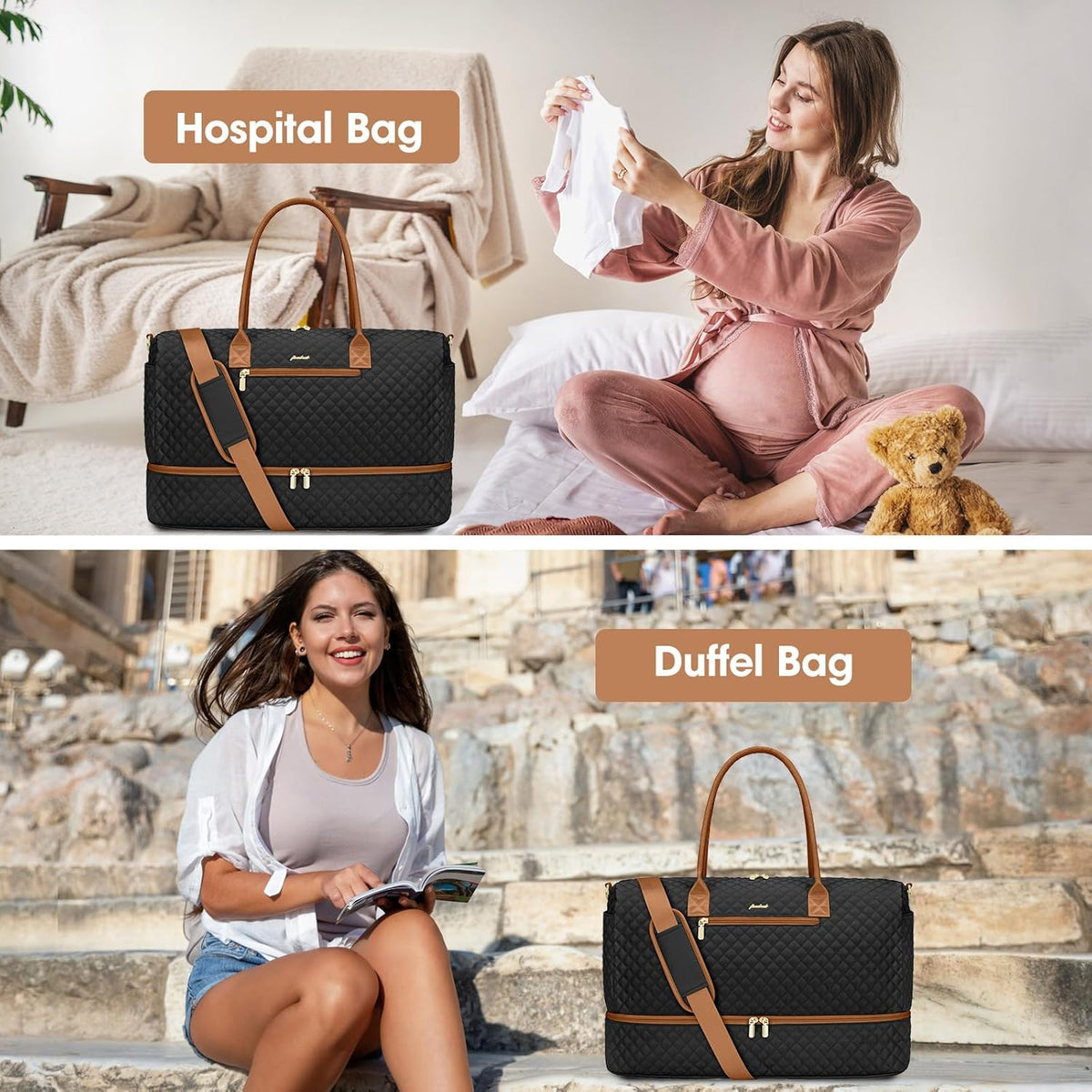 Travel Bag Weekender Bags for Women - Carry on Overnight Bag with Shoe Compartment Duffle Bag with Laptop Pocket Hospital Bag for Labor Delivery Gym Tote Bag with Toiletry Bag Black Brown