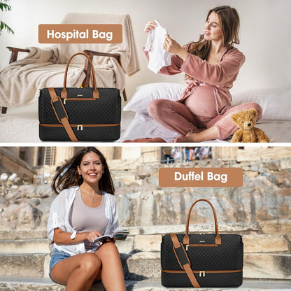 Travel Bag Weekender Bags for Women - Carry on Overnight Bag with Shoe Compartment Duffle Bag with Laptop Pocket Hospital Bag for Labor Delivery Gym Tote Bag with Toiletry Bag Black Brown