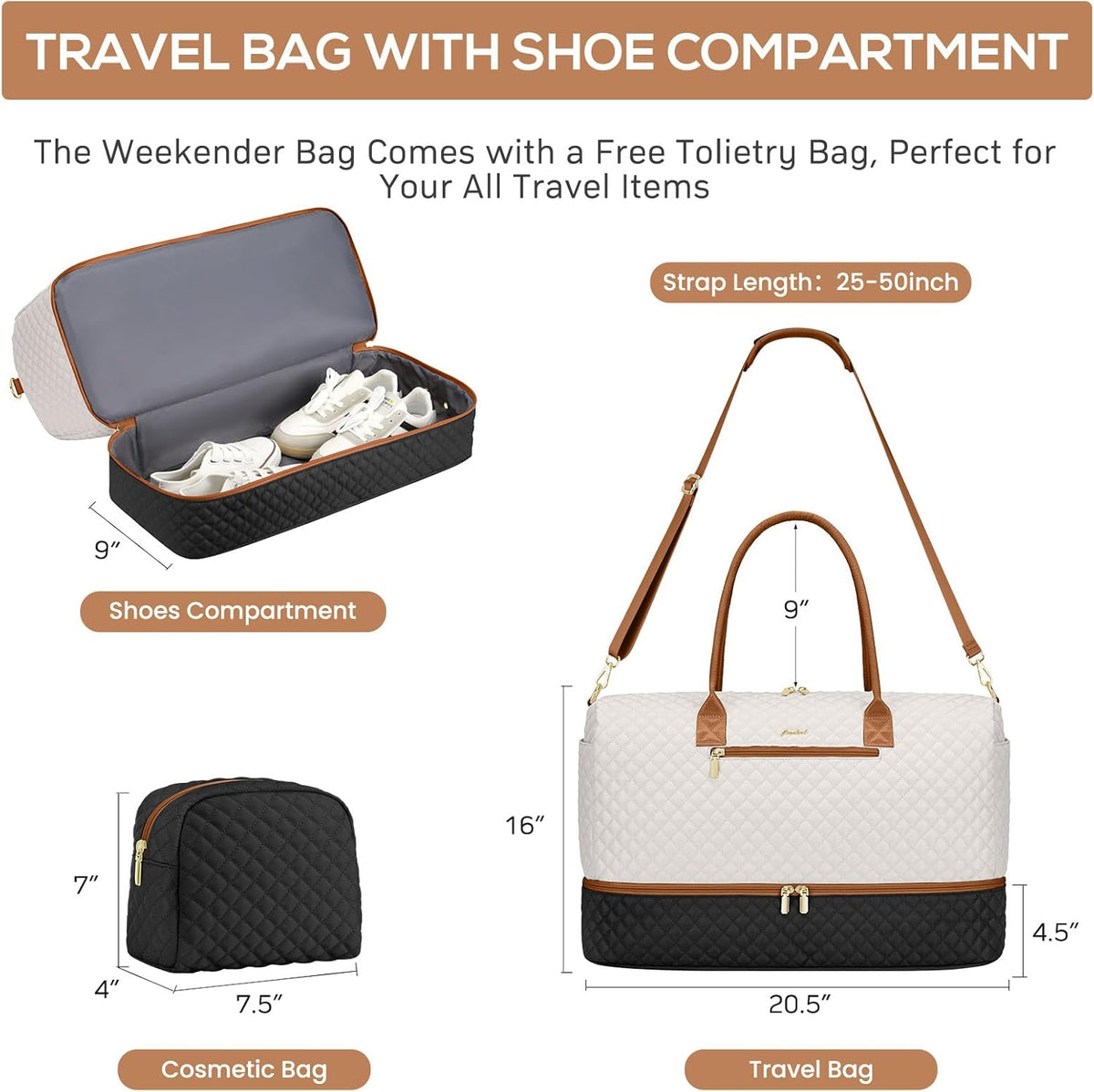 Travel Bag Weekender Bags for Women - Carry on Overnight Bag with Shoe Compartment Duffle Bag with Laptop Pocket Hospital Bag for Labor Delivery Gym Tote Bag with Toiletry Bag Black Brown