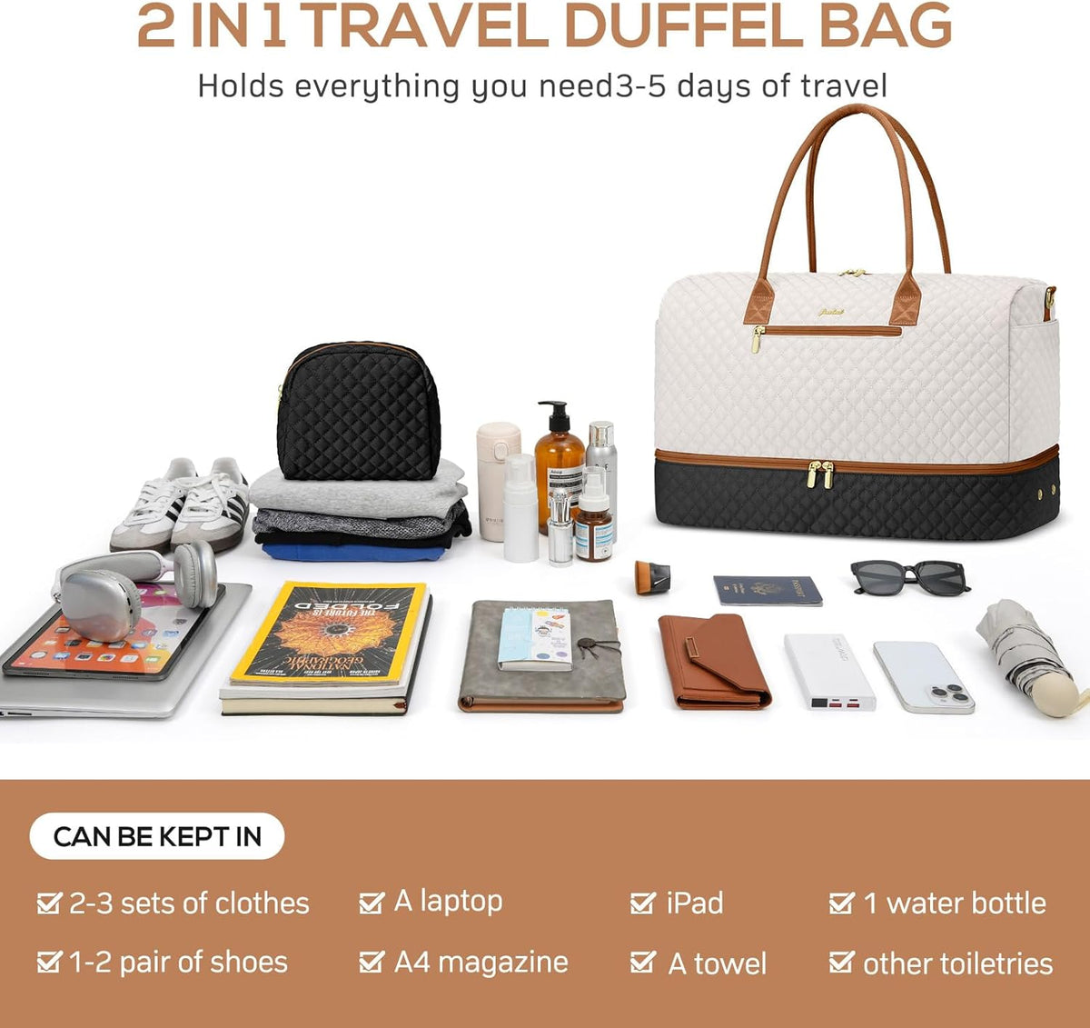 Travel Bag Weekender Bags for Women - Carry on Overnight Bag with Shoe Compartment Duffle Bag with Laptop Pocket Hospital Bag for Labor Delivery Gym Tote Bag with Toiletry Bag Black Brown