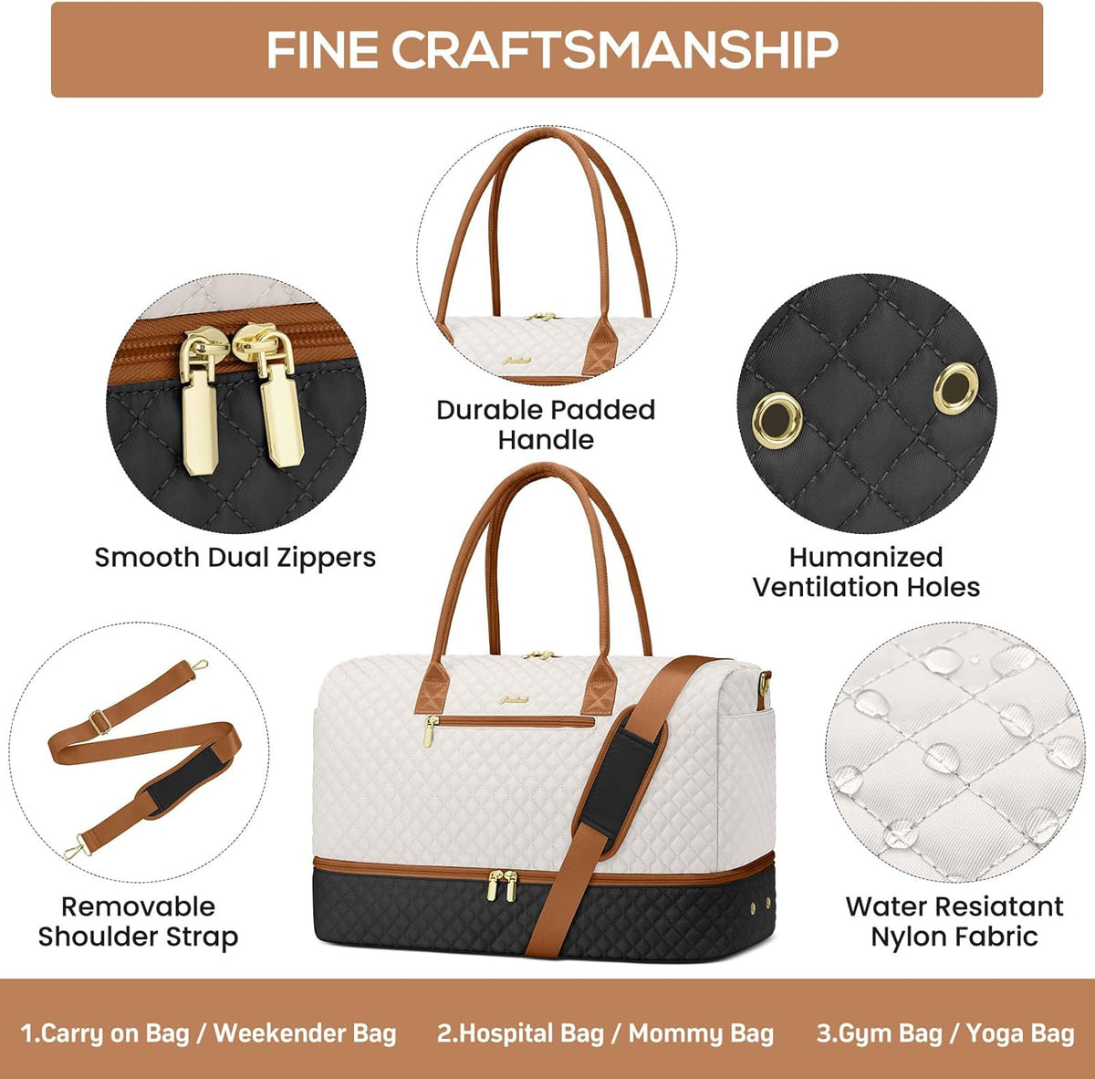 Travel Bag Weekender Bags for Women - Carry on Overnight Bag with Shoe Compartment Duffle Bag with Laptop Pocket Hospital Bag for Labor Delivery Gym Tote Bag with Toiletry Bag Black Brown