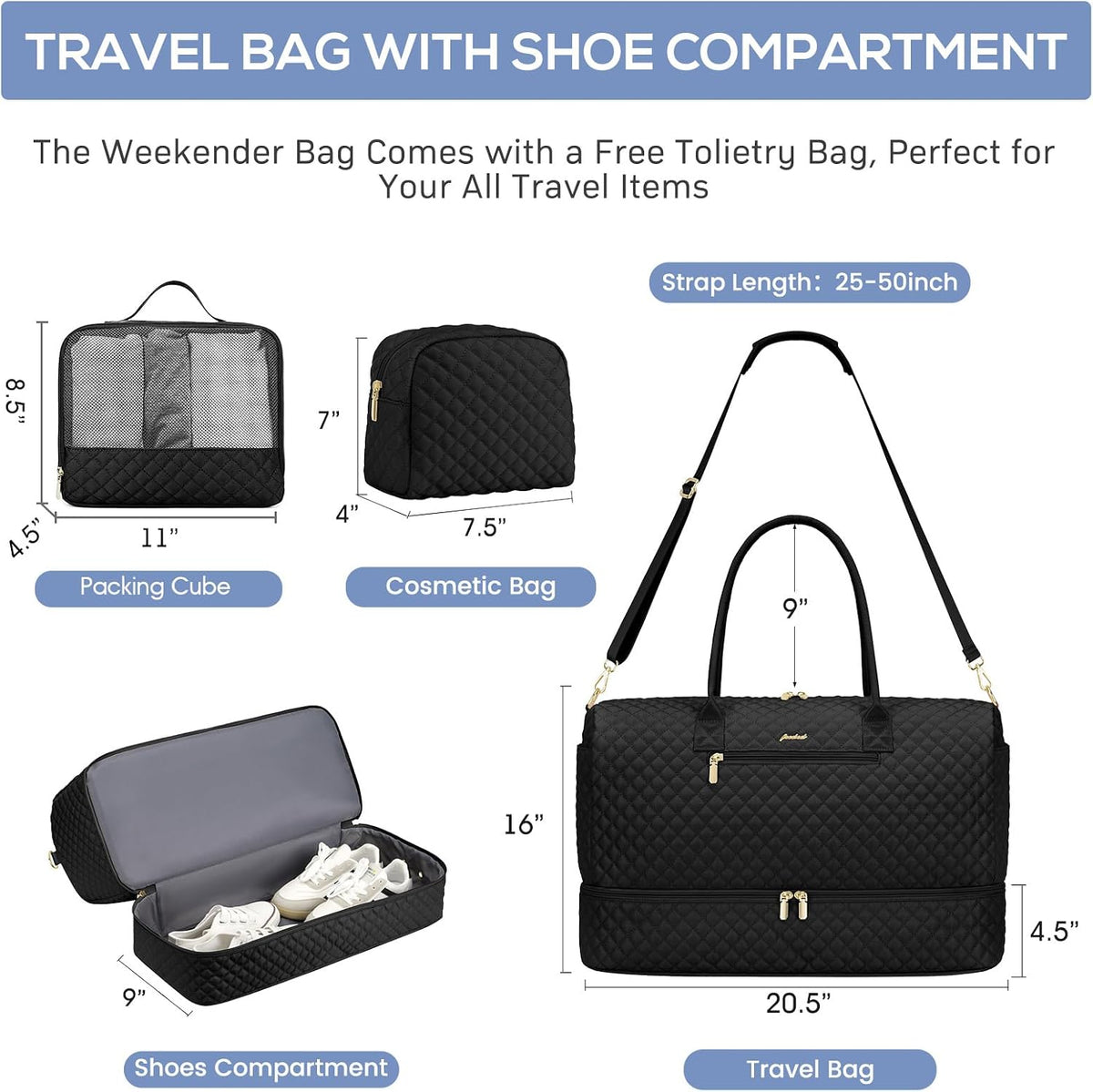 Travel Bag Weekender Bags for Women - Carry on Overnight Bag with Shoe Compartment Duffle Bag with Laptop Pocket Hospital Bag for Labor Delivery Gym Tote Bag with Toiletry Bag Black Brown