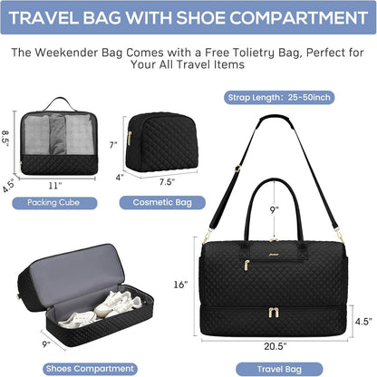Travel Bag Weekender Bags for Women - Carry on Overnight Bag with Shoe Compartment Duffle Bag with Laptop Pocket Hospital Bag for Labor Delivery Gym Tote Bag with Toiletry Bag Black Brown