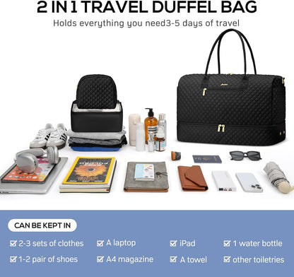 Travel Bag Weekender Bags for Women - Carry on Overnight Bag with Shoe Compartment Duffle Bag with Laptop Pocket Hospital Bag for Labor Delivery Gym Tote Bag with Toiletry Bag Black Brown