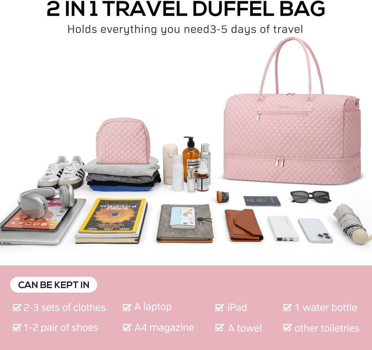 Travel Bag Weekender Bags for Women - Carry on Overnight Bag with Shoe Compartment Duffle Bag with Laptop Pocket Hospital Bag for Labor Delivery Gym Tote Bag with Toiletry Bag Black Brown