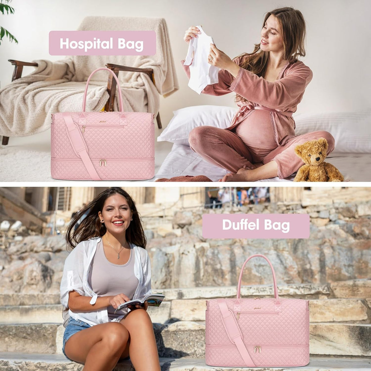 Travel Bag Weekender Bags for Women - Carry on Overnight Bag with Shoe Compartment Duffle Bag with Laptop Pocket Hospital Bag for Labor Delivery Gym Tote Bag with Toiletry Bag Black Brown