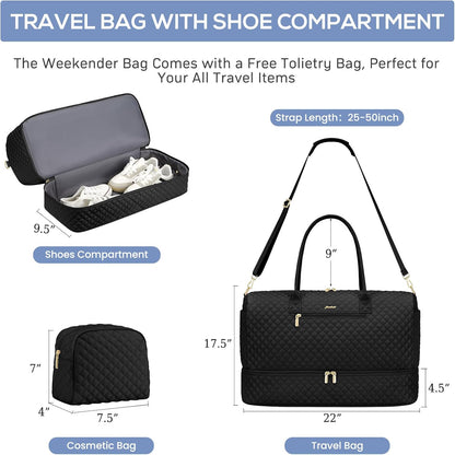 Travel Bag Weekender Bags for Women - Carry on Overnight Bag with Shoe Compartment Duffle Bag with Laptop Pocket Hospital Bag for Labor Delivery Gym Tote Bag with Toiletry Bag Black Brown