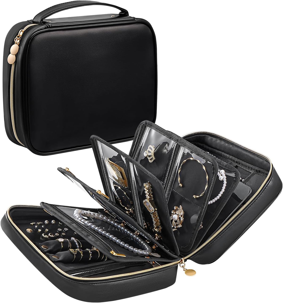 Travel Jewelry Notebook Organizer Case, Large Jewelry Binder Book with Individual Pouches, Portable Leather Zippered Bag for Jewelry Storage of Earring, Ring & Necklace, Gift for Women -Black
