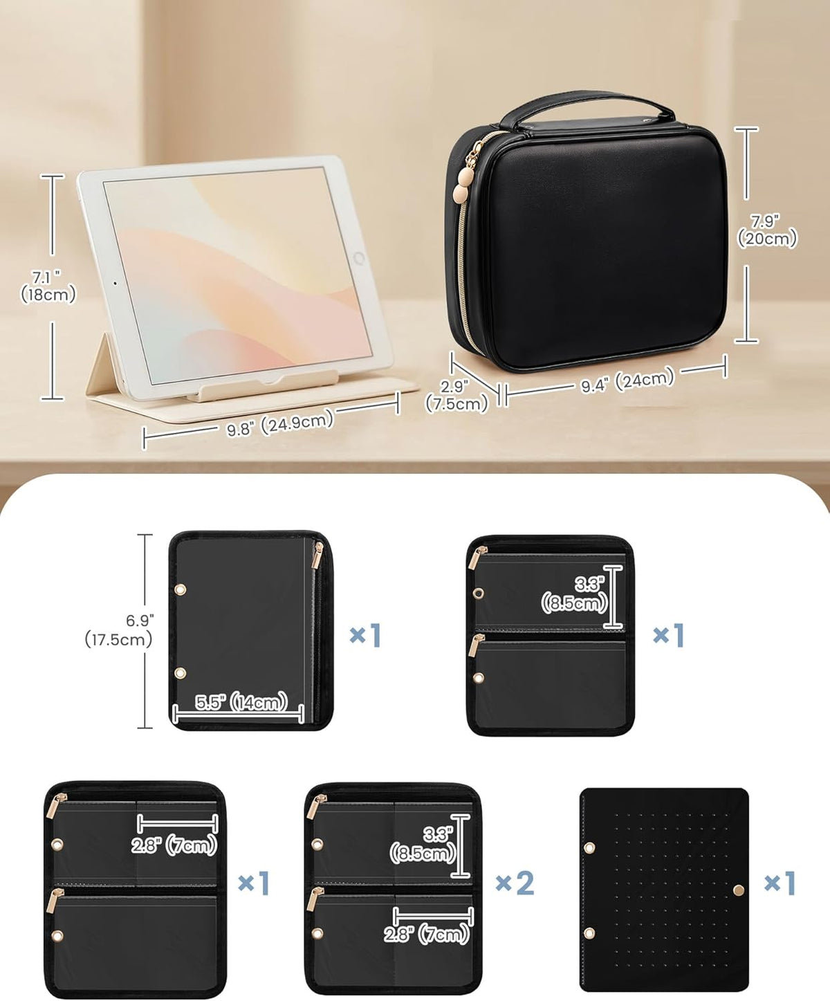 Travel Jewelry Notebook Organizer Case, Large Jewelry Binder Book with Individual Pouches, Portable Leather Zippered Bag for Jewelry Storage of Earring, Ring & Necklace, Gift for Women -Black